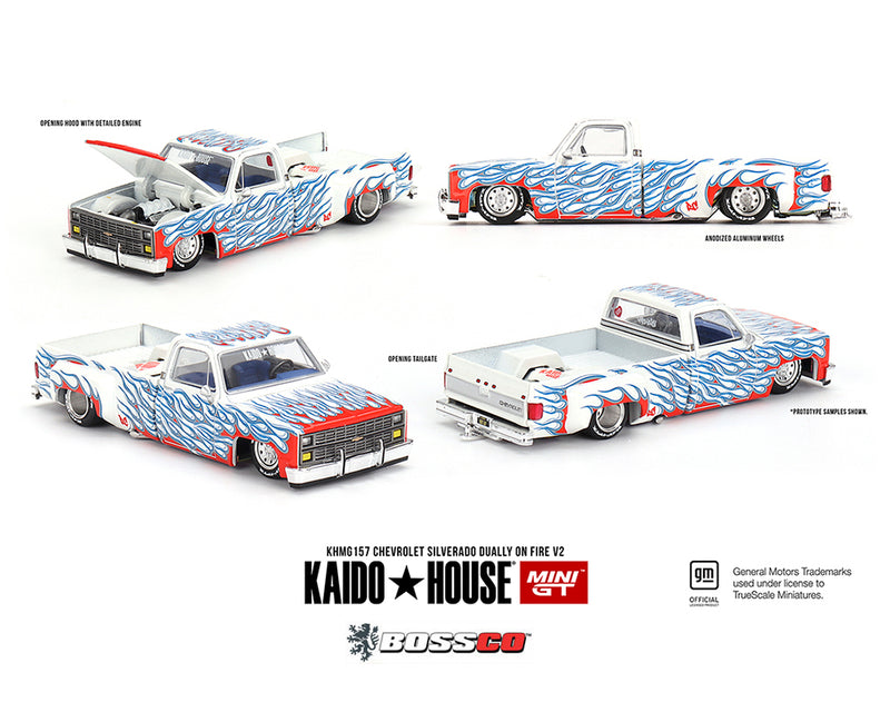 MINI GT - KAIDO HOUSE CHEVROLET SILVERADO DUALLY ON FIRE V2 WHITE ***PRE ORDER